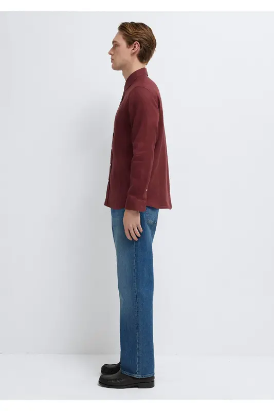 Bordo Keten Gömlek Slim Fit / Dar Kesim 0211466-70396-Bordo - 5