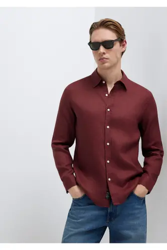 Bordo Keten Gömlek Slim Fit / Dar Kesim 0211466-70396-Bordo - MAVI (1)