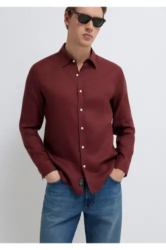 Bordo Keten Gömlek Slim Fit / Dar Kesim 0211466-70396 - Bordo 