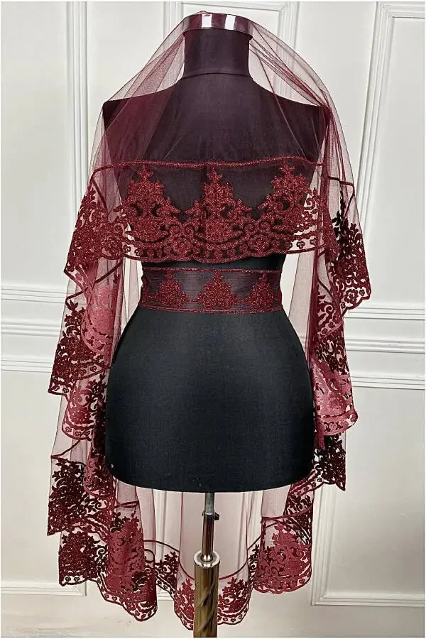 Bordo Kına Duvağı, Gelin Duvak Seti Damat Omuz Örtüsü Şalı El Gülü 8 Parça Takım-Bordo - 46