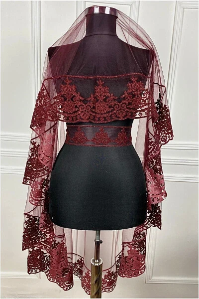 Bordo Kına Duvağı, Gelin Duvak Seti Damat Omuz Örtüsü Şalı El Gülü 8 Parça Takım-Bordo - 22