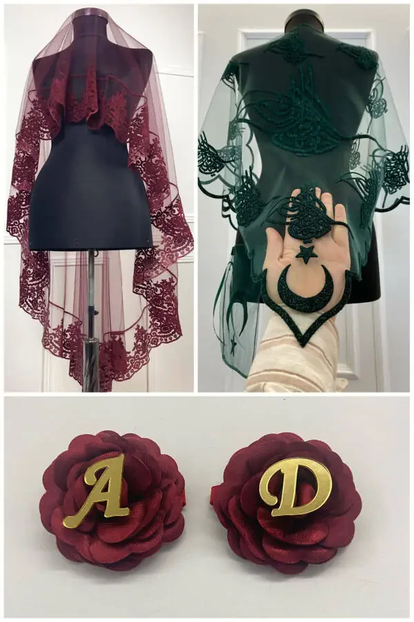 Bordo Kına Duvağı, Gelin Duvak Seti Damat Omuz Örtüsü Şalı El Gülü 8 Parça Takım-Bordo - 1