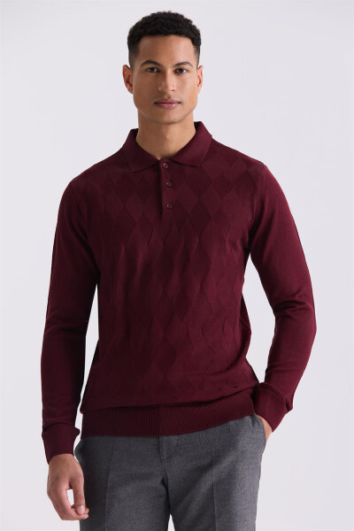 Bordo Klasik Fit Desenli Polo Yaka Triko Kazak - 5