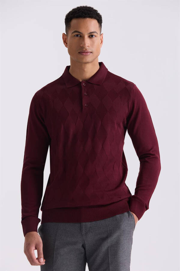 Bordo Klasik Fit Desenli Polo Yaka Triko Kazak - 5