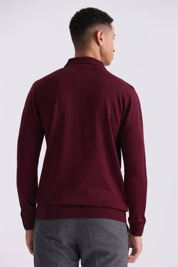 Bordo Klasik Fit Desenli Polo Yaka Triko Kazak - 8