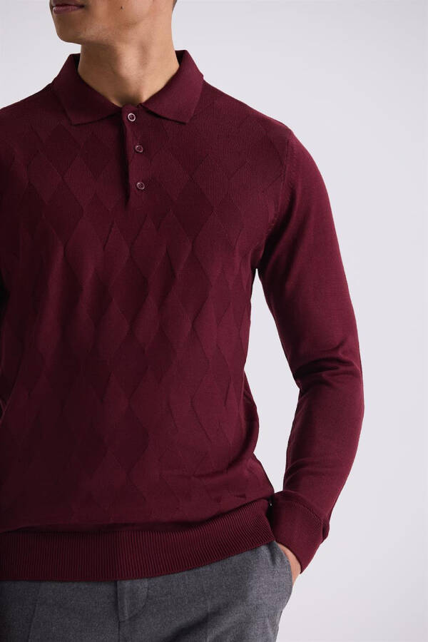 Bordo Klasik Fit Desenli Polo Yaka Triko Kazak - 3