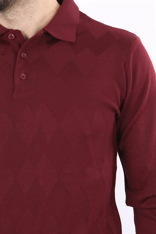 Bordo Klasik Fit Desenli Polo Yaka Triko Kazak - 10