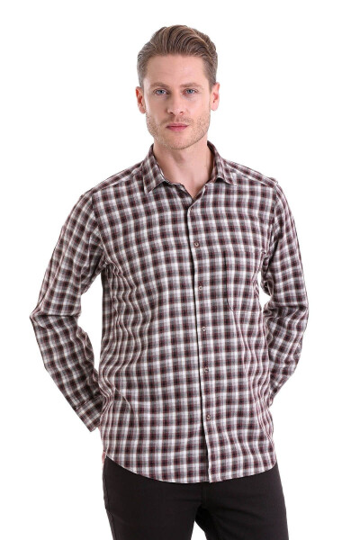 Bordo Klasik Fit Kareli Slim Yaka Uzun Kollu Casual Flanel Gömlek-Bordo K. - 1