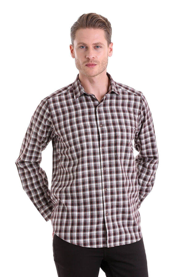 Bordo Klasik Fit Kareli Slim Yaka Uzun Kollu Casual Flanel Gömlek-Bordo K. - 1