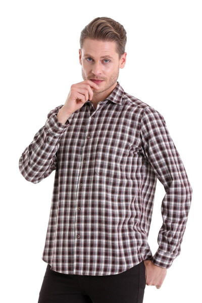 Bordo Klasik Fit Kareli Slim Yaka Uzun Kollu Casual Flanel Gömlek-Bordo K. - 2