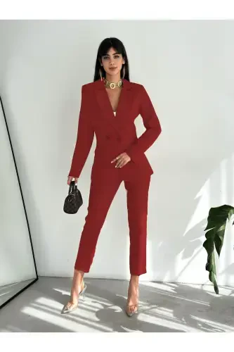 Bordo Kruvaze Blazer Ceket Havuç Pantolon Takım Elbise-Bordo - 2