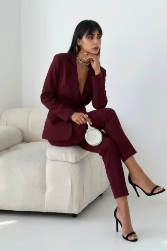 Bordo Kruvaze Blazer Chaket Sabzi Pantolon Kostyum-Bordo - 5