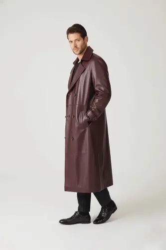 Bordo Matrix Hakiki Deri Kruvaze Düğme Kapamalı Yırtmaçlı Astarlı Kemerli Trençkot Erkek Kaban-Bordo - 4