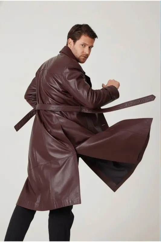 Bordo Matrix Hakiki Deri Kruvaze Düğme Kapamalı Yırtmaçlı Astarlı Kemerli Trençkot Erkek Kaban-Bordo - DERIDERIM