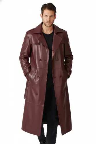 Bordo Matrix Hakiki Deri Kruvaze Düğme Kapamalı Yırtmaçlı Astarlı Kemerli Trençkot Erkek Kaban - Bordo - 3