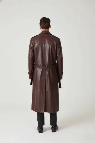 Bordo Matrix Hakiki Deri Kruvaze Düğme Kapamalı Yırtmaçlı Astarlı Kemerli Trençkot Erkek Kaban - Bordo - 5