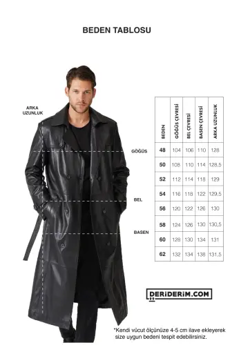 Bordo Matrix Hakiki Deri Kruvaze Düğme Kapamalı Yırtmaçlı Astarlı Kemerli Trençkot Erkek Kaban - Bordo - 6