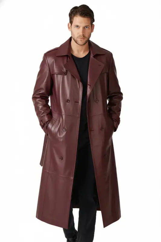 Bordo Matrix Hakiki Deri Kruvaze Düğme Kapamalı Yırtmaçlı Astarlı Kemerli Trençkot Erkek Kaban-Bordo - 3