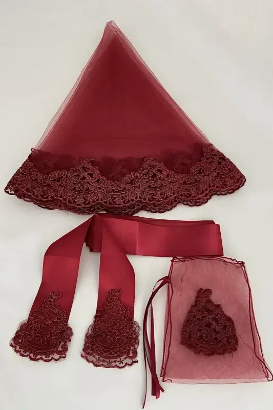 Bordo Nafis Gipürli Kelin Roʻmoli Kamar Qoʻlqop Toʻliq Toʻplam Xina Kechasi Toʻy-Bordo - 2