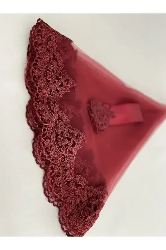 Bordo Nafis Gipürli Kelin Roʻmoli Kamar Qoʻlqop Toʻliq Toʻplam Xina Kechasi Toʻy-Bordo - 3