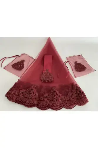 Bordo Nafis Gipürli Kelin Roʻmoli Kamar Qoʻlqop Toʻliq Toʻplam Xina Kechasi Toʻy-Bordo - 4