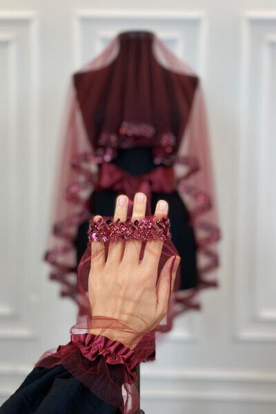 Bordo nafis kelin pardasi to'plami, suv toshli xina pardasi to'plami 6 dona, pul payet - 37