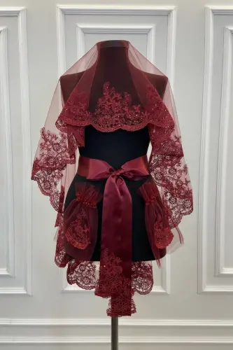 Bordo Narin Desen Işıl Işıl Güpürlü Gelin Duvak Seti - Bordo - 2