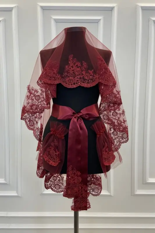 Bordo Narin Desen Işıl Işıl Güpürlü Gelin Duvak Seti - Bordo - 2