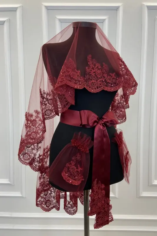 Bordo Narin Desen Işıl Işıl Güpürlü Gelin Duvak Seti - Bordo - 3