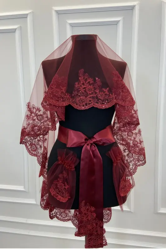 Bordo Narin Desen Işıl Işıl Güpürlü Gelin Duvak Seti - Bordo - 4