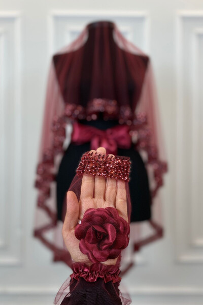 Bordo Orkide Gelin Duvak Seti, Su Taşlı Kına Duvağı Seti 6 Parça,-Bordo - 61