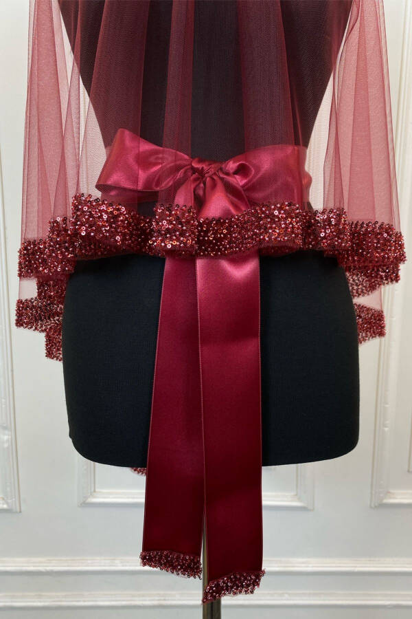 Bordo Orkide Gelin Duvak Seti, Su Taşlı Kına Duvağı Seti 6 Parça,-Bordo - 55