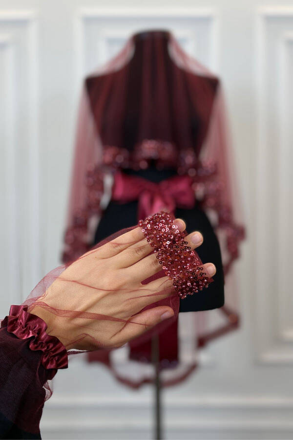 Bordo Orkide Gelin Duvak Seti, Su Taşlı Kına Duvağı Seti 6 Parça,-Bordo - 44