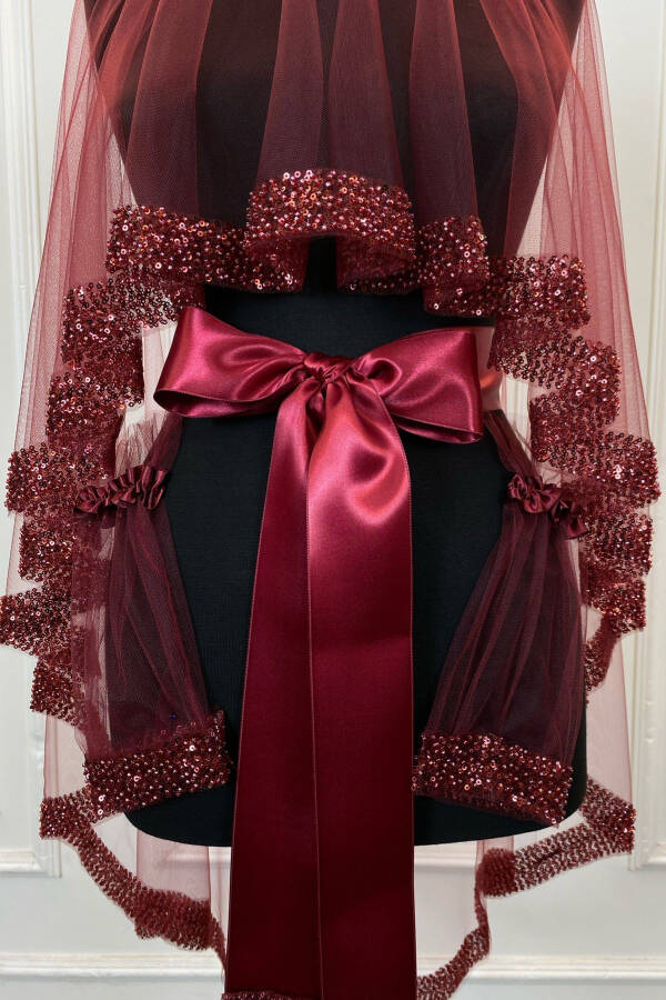 Bordo Orkide Gelin Duvak Seti, Su Taşlı Kına Duvağı Seti 6 Parça,-Bordo - 27