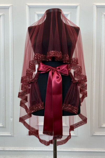 Bordo Orkide Gelin Duvak Seti, Su Taşlı Kına Duvağı Seti 6 Parça,-Bordo - 18