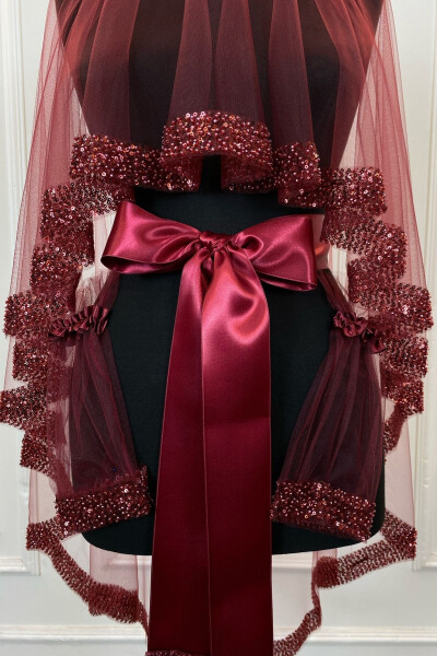 Bordo Orkide Gelin Duvak Seti, Su Taşlı Kına Duvağı Seti 6 Parça,-Bordo - 19