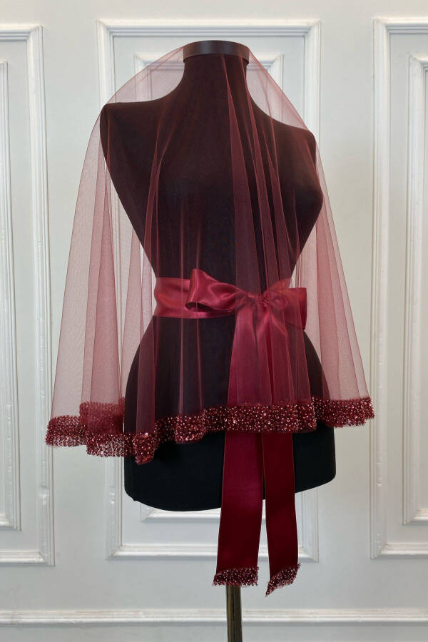 Bordo Orkide Gelin Duvak Seti, Su Taşlı Kına Duvağı Seti 6 Parça,-Bordo - 9