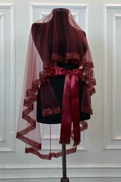 Bordo Orkide Gelin Duvak Seti, Su Taşlı Kına Duvağı Seti 6 Parça,-Bordo - 14