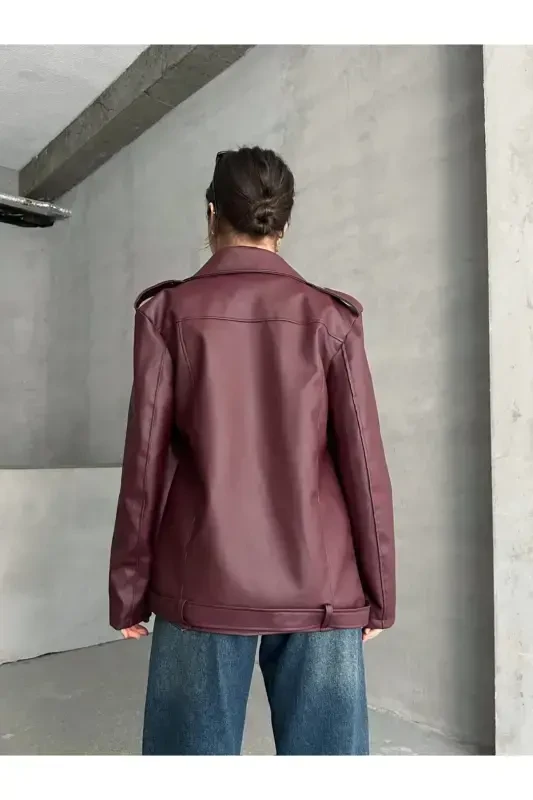 Bordo Oversize Ayollar Uzun Biker Teri Kurtka-Bordo - 3
