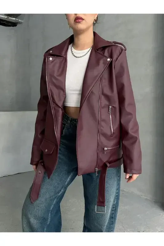 Bordo Oversize Ayollar Uzun Biker Teri Kurtka-Bordo - 4
