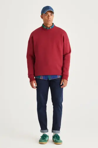 Bordo Oversize Bol Kesim Içi Polarlı 3 Iplik Bisiklet Yaka Pamuklu Sweatshirt - Bordo - AC&Co / Altınyıldız Classics (1)