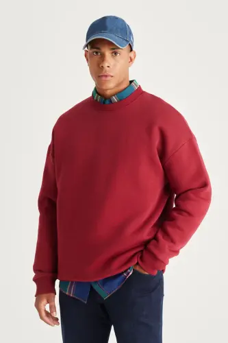 Bordo Oversize Bol Kesim Içi Polarlı 3 Iplik Bisiklet Yaka Pamuklu Sweatshirt - Bordo - 1