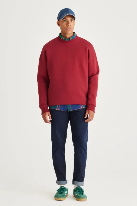 Bordo Oversize Bol Kesim Içi Polarlı 3 Iplik Bisiklet Yaka Pamuklu Sweatshirt - Bordo - 2