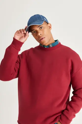 Bordo Oversize Bol Kesim Içi Polarlı 3 Iplik Bisiklet Yaka Pamuklu Sweatshirt - Bordo - 3