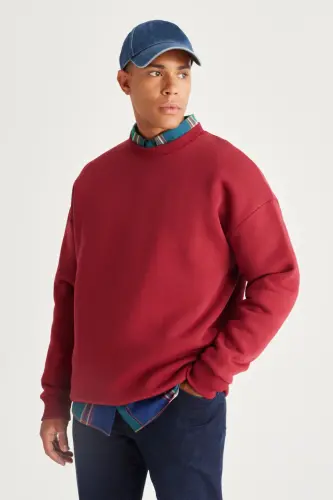 Bordo Oversize Bol Kesim Içi Polarlı 3 Iplik Bisiklet Yaka Pamuklu Sweatshirt - Bordo - 4