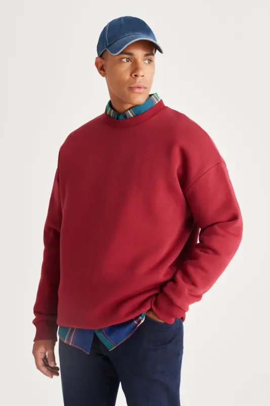 Bordo Oversize Bol Kesim Içi Polarlı 3 Iplik Bisiklet Yaka Pamuklu Sweatshirt - Bordo - 4
