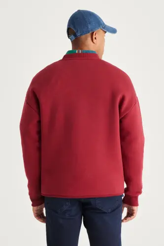 Bordo Oversize Bol Kesim Içi Polarlı 3 Iplik Bisiklet Yaka Pamuklu Sweatshirt - Bordo - 5