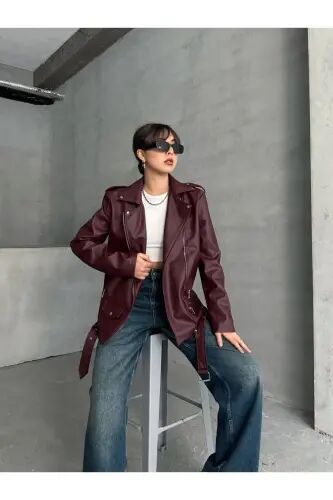 Bordo Oversize Kadın Uzun Biker Deri Ceket - Bordo - buqre's moda (1)