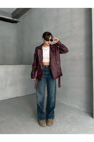 Bordo Oversize Kadın Uzun Biker Deri Ceket - Bordo - 1