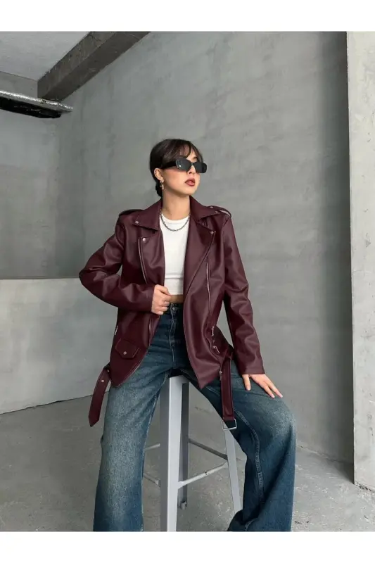 Bordo Oversize Kadın Uzun Biker Deri Ceket - Bordo - 2
